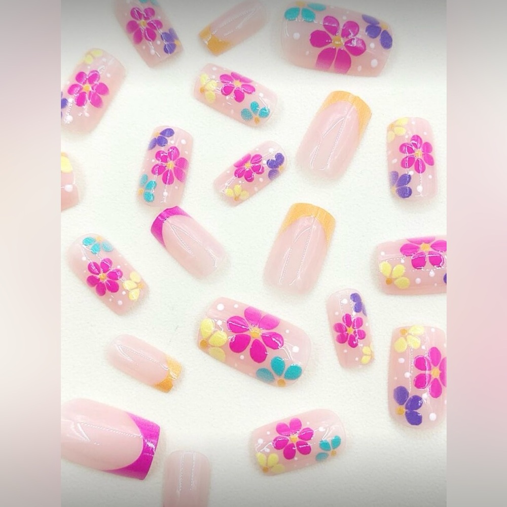 Neon French Tips & Flowers Pink, Yellow, Blue, Orange Squoval Nails, New - Picture 3 of 9